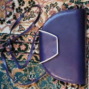 Jacques Vert Deep Purple Half Moon Leather Clutch w Opt Crossbody Shoulder Strap